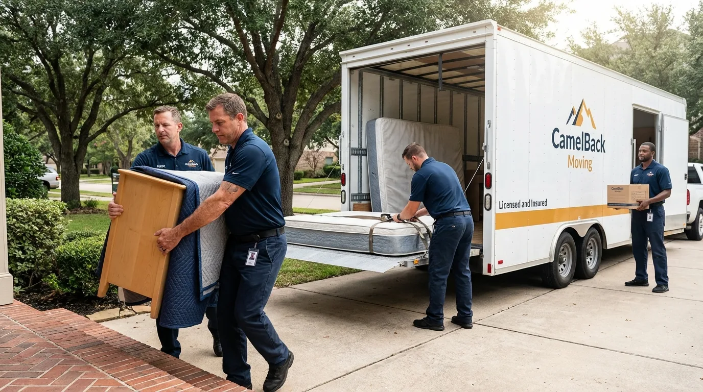 Crew loading residential truck for cross-state move from Cactus, TX
