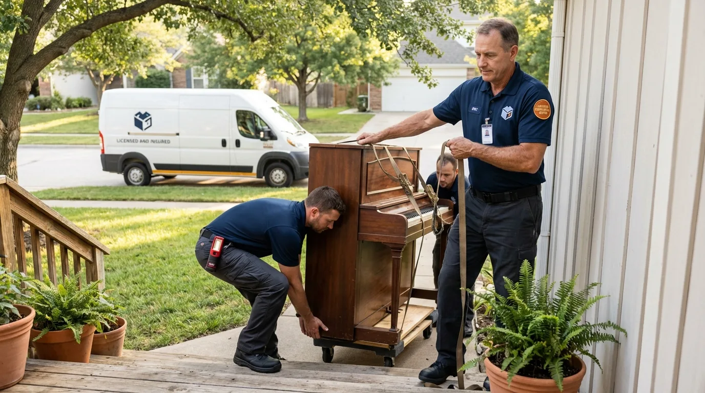 Licensed piano movers securing grand piano in Cactus, TX