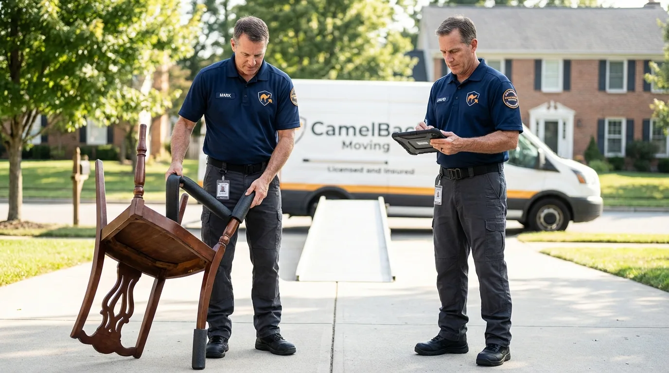Movers inspecting furniture for damage prevention before loading in Cactus, TX